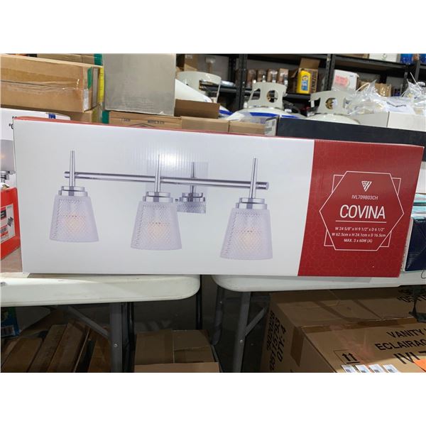 Covina vanity light 24 5/8” w x 9 1/2”h x 6 1/2”d mount in up or down position, brushed nickel and f