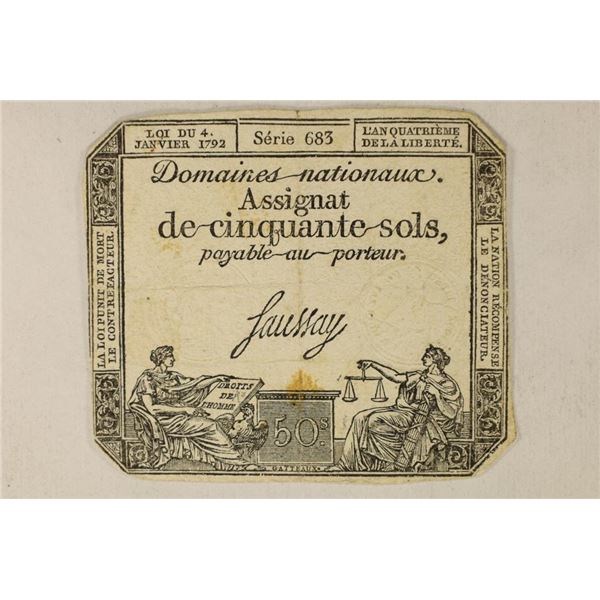 1792 FRENCH REVOLUTIONARY 50 SOLS ASSIGNAT NOTE