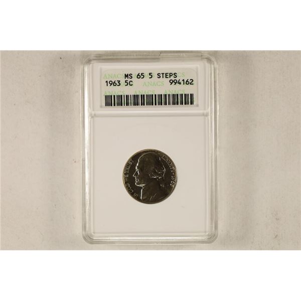 1963 JEFFERSON NICKEL ANACS MS65 5 STEPS