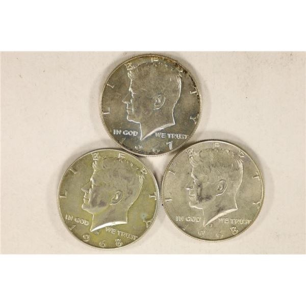 3-40% SILVER JOHN F. KENNEDY HALVES: 1967 & 2-1968