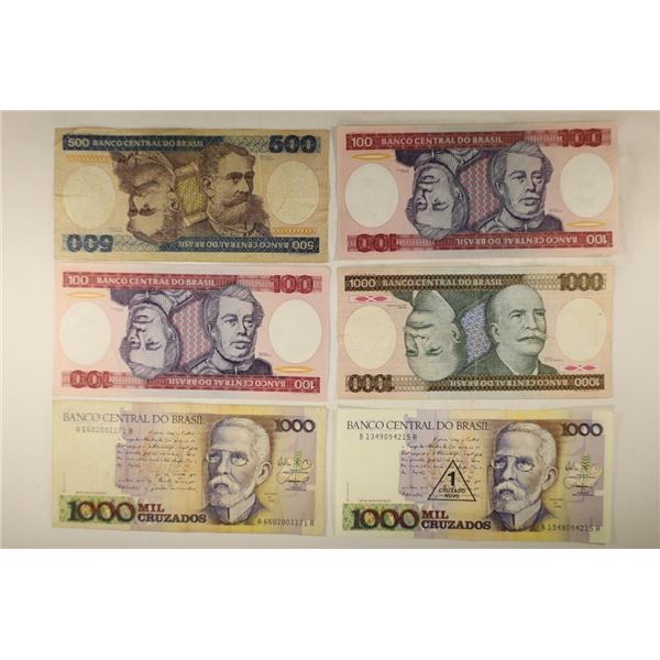 6-BANK OF BRAZIL BILLS: 2-100 CRUZIROS (CU), 1-500