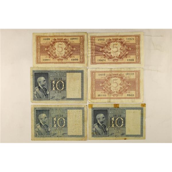 6-ITALIAN LIRE BILLS: 3-1944 FIVE LIRE & 3-1939