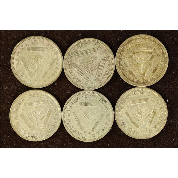 6-SOUTH AFRICAN SILVER 3 PENCE: 2-1951, 3-1956 &