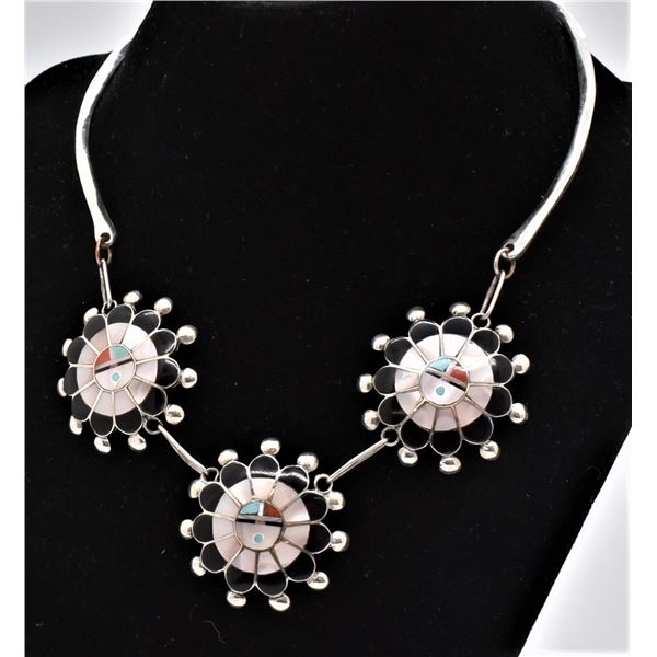 Zuni Sterling Inlay Sun Face Necklace
