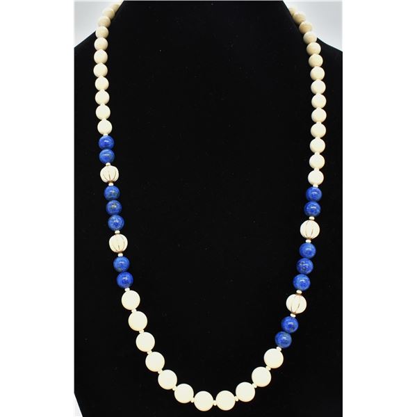 Chinese Ivory and Lapis Bead Necklace