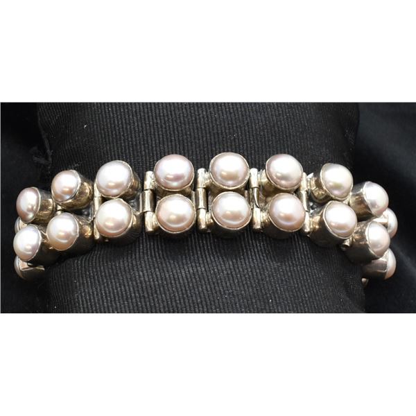 Sterling Double Row Pearl Link Bracelet