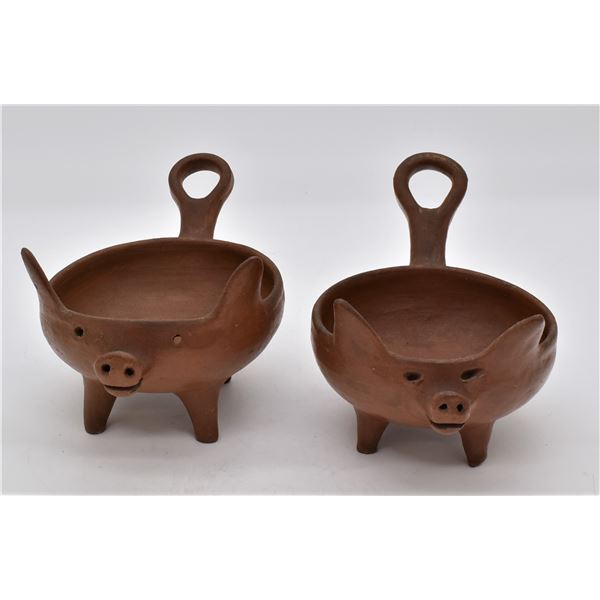 2 Mexican Redware Pottery Pigs Bowls