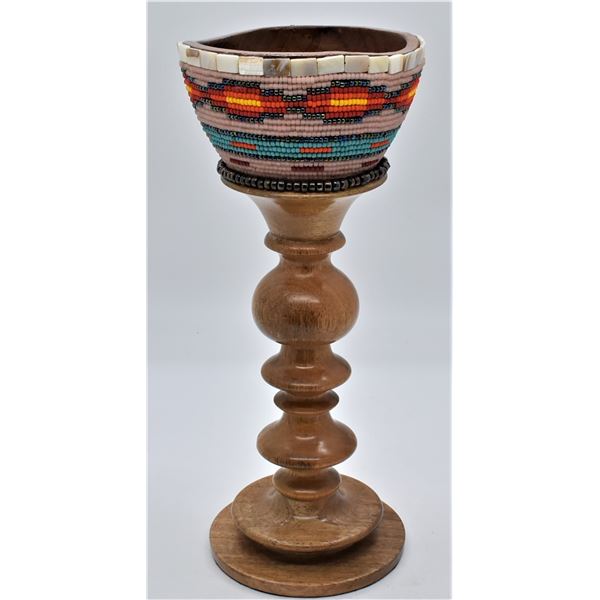 Sioux Beaded Wood Pedestal Bowl by Kills Thunder