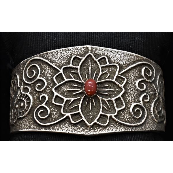 Navajo Tufa Cast Sterling Coral Bracelet by Chee