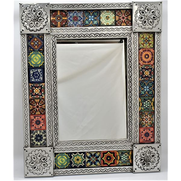 Mexican Pierced Tin and Tile Mirror