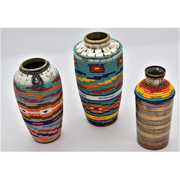 3 Sioux Beaded Metal Vases by Kills Thunder