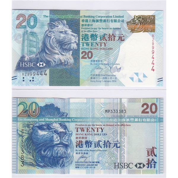 2007/ 2014, HSBC, lot of 2, $20, RZ999444, MP333383, both AU condition