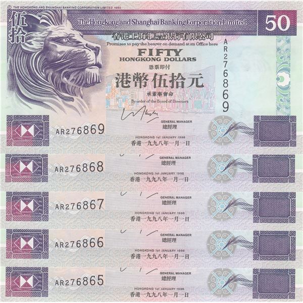 1998, HSBC, $50, consecutive 5 pcs, AR276865-69, UNC