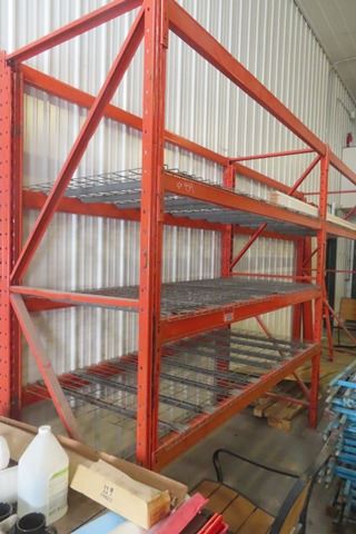 Pallet Racking 3 Uppers 8' High, 20 8' Cross Beams, and Mesh Paneling