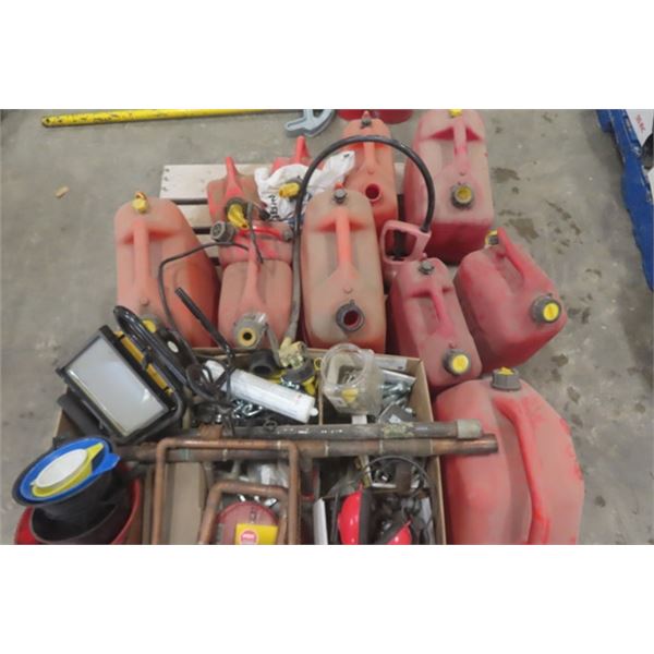 10 Assorted Gas Cans, Funnels, Construction Light, Carriage Bolts, Copper Pipe, Plus More