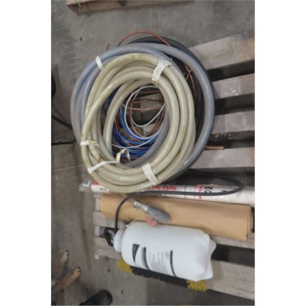 Sprayer, Assorted Pipe and Copper Tubing, Broom Head, Table Cover, Roll of Craft Brown Paper, Plus M