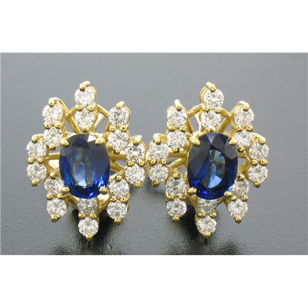 18k Gold EGL Certified Royal Blue Sapphire and VVS E Diamond Omega Earrings