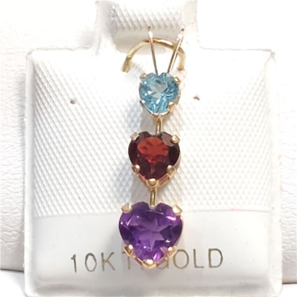 10K YELLOW GOLD BLUE TOPAZ,GARNET&AMETHYST PENDANT