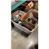 Image 1 : TOTE AND BOX OF SHOP SUPPLIES, PLUMBING FITTINGS, WIRE BRUSH WHEELS, BUFFING PADS, HOOKS