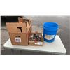 Image 1 : BOX OF TUBES, WHEEL WITH TRAY AND BUCKET OF CAR JACK AND AXLE STANDS