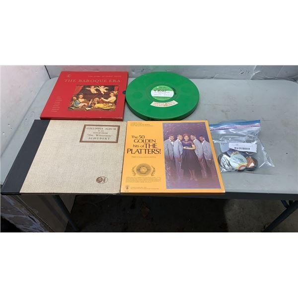 GOLDEN PLATTERS RECORD WITH REEL TO REEL TAPE AND OTHER VINYL WITH PREMIER AND PRESIDENT BUTTONS