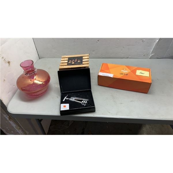 NEW ZUMBA SET WITH ART GLASS VASE STONE CANDLE HOLDER AND CORKSCREW