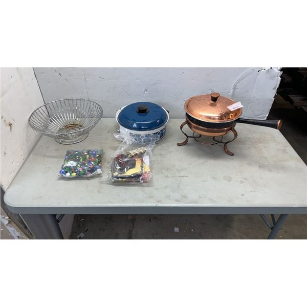 COPPER CHAFING POT AND COLLECTIBLES, MARBLES ETC