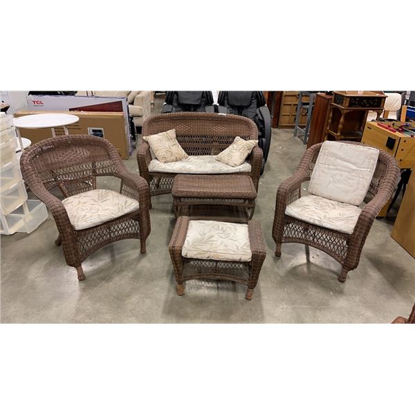 WICKER 5 PIECE PATIO SET - LOVESEAT, 2 CHAIRS, COFFEE TABLE AND FOOTSTOOL