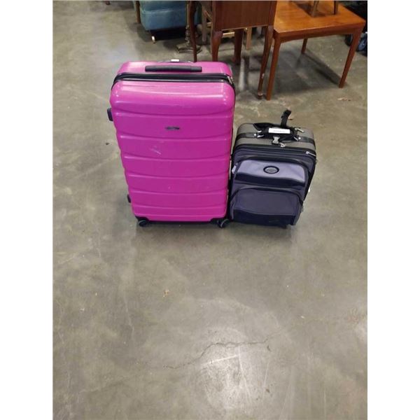 2 ROLLING LUGGAGE BAGS WITH CONTENTS - PINK HARD CASE AND GREY