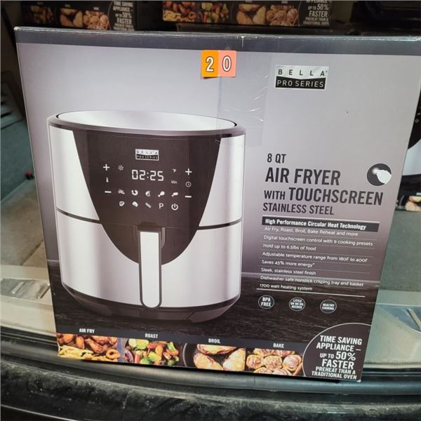 AS NEW BELLA PRO SERIES 8QT AIR FRYER WITH TOUCHSCREEN STAINLESS STEEL TESTED AND WORKING RETAIL $