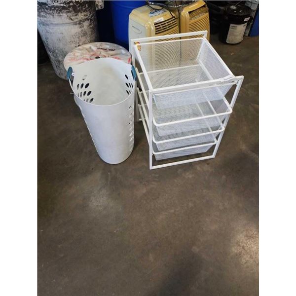 4 DRAWER WIRE ORGANIZER AND WHITE LAUNDRY HAMPER