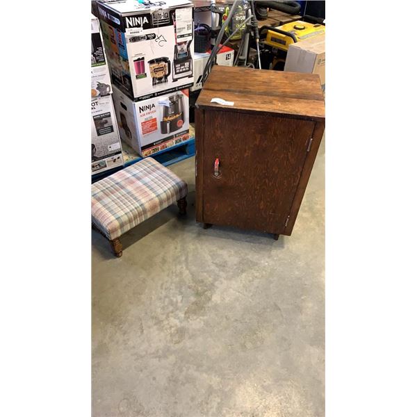 WOOD CABINET AND FOOTSTOOL