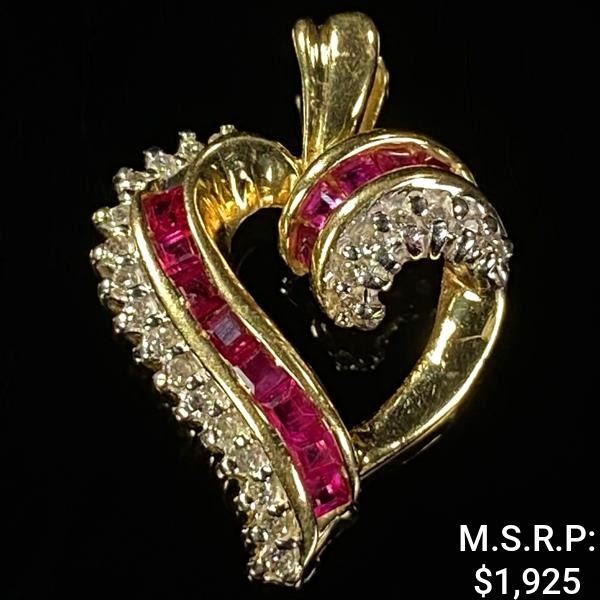 2.5 DWT 14 KT Gold Hrt Pendant w/ Diamond & Gem
