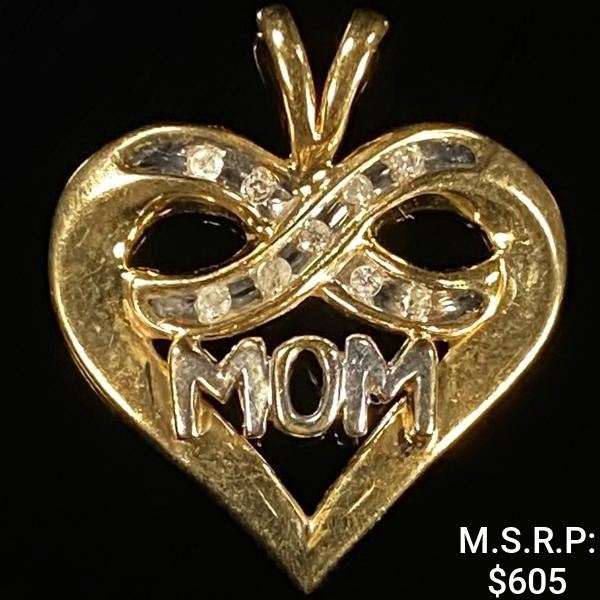 1.1 DWT 10 KT Gold Heart "Mom" Pendant w/ Diamon