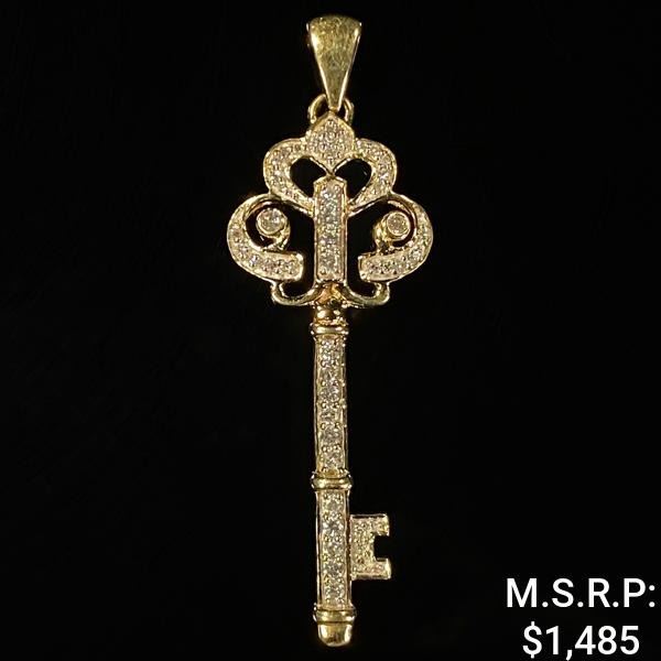 1.8 DWT 10 KT Gold Key Pendant w/ Diamond Lining