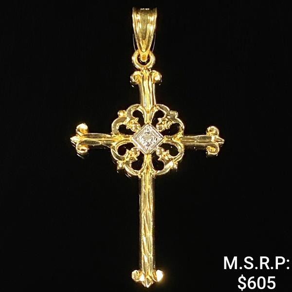 0.7 DWT 14 KT Gold Cross Pendant w/ Diamond