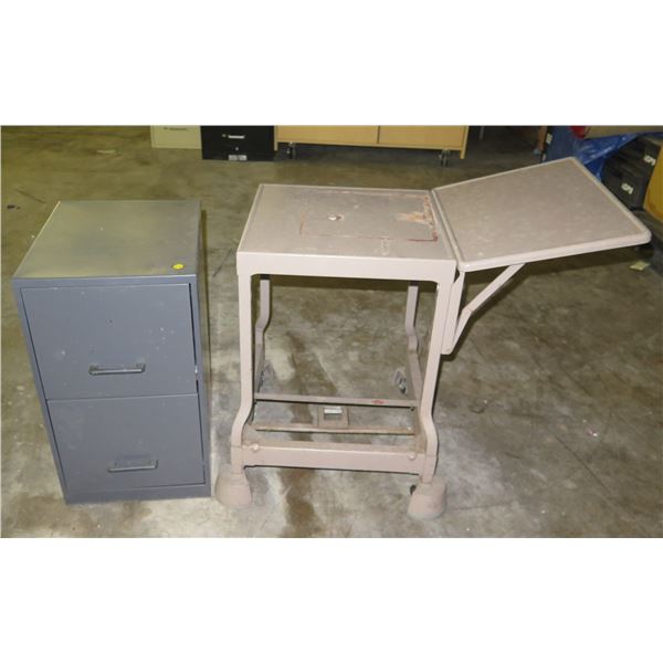 Metal 2-Drawer Filing Cabinet & Rolling Metal Table w/ Side Leaf 17"x17"
