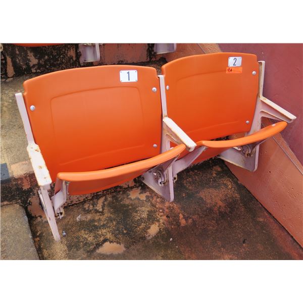 Pair Aloha Stadium Seats w/ Backs & 3 Armrests, Orange, Seats 1 & 2, 45"x13"x28"H