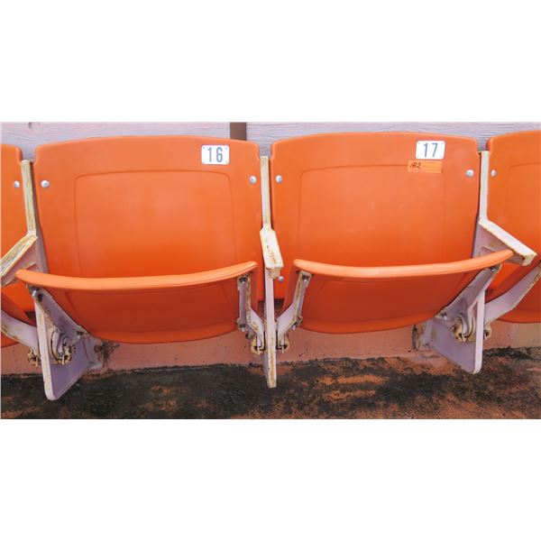 Pair Aloha Stadium Seats w/ Backs & 3 Armrests, Orange, Seats 16 & 17, 45"x13"x28"H