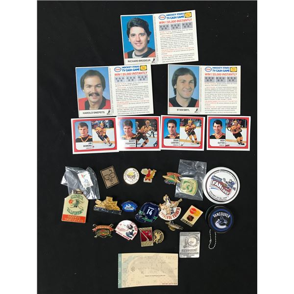 LOT OF VANCOUVER CANUCK 1980'S SHELL CARDS AND VARIOUS PINS