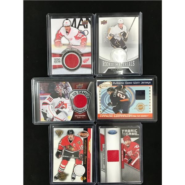 LOT OF 6 GAME WORN JERSEY/ROOKIE HOCKEY CARDS