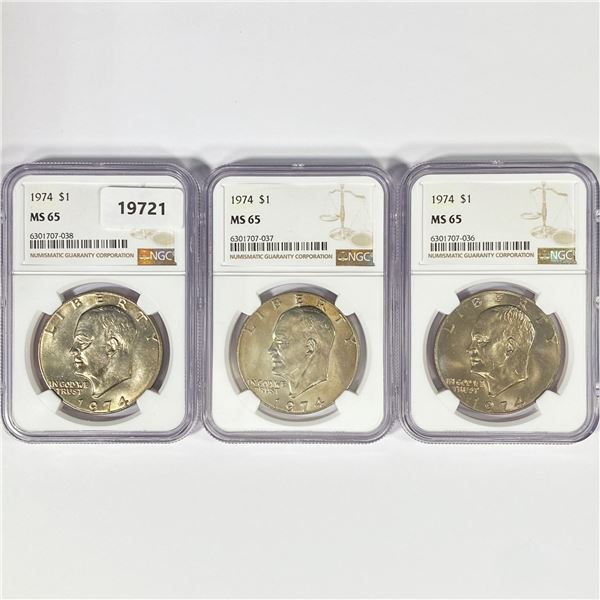 1974 Set (3) Eisenhower Silver Dollars NGC MS65