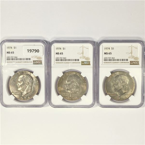 1974 Set (3) Eisenhower Silver Dollars NGC MS65