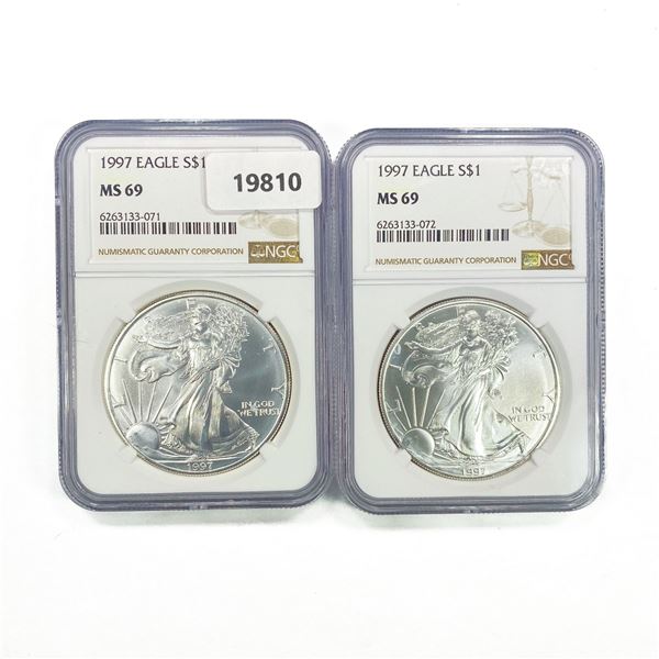 1997 Set (2) American Silver Eagle NGC MS69