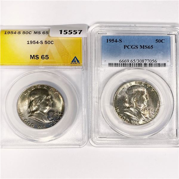 1954-S (2) Franklin Half Dollar PCGS, ANACS MS65