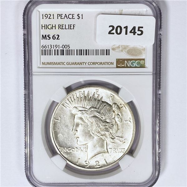 1921 Silver Peace Dollar NGC MS62 High Relief