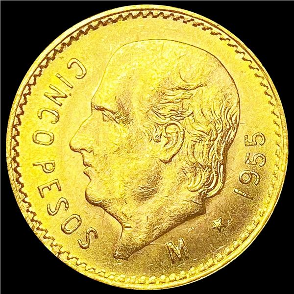1955 Mexico .1206 Gold 5 Pesos CHOICE BU
