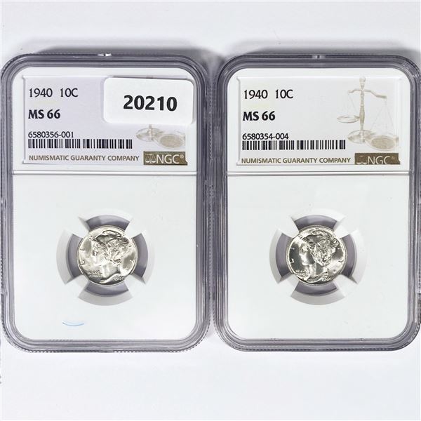 1940 Set (2) Mercury Silver Dime NGC MS66