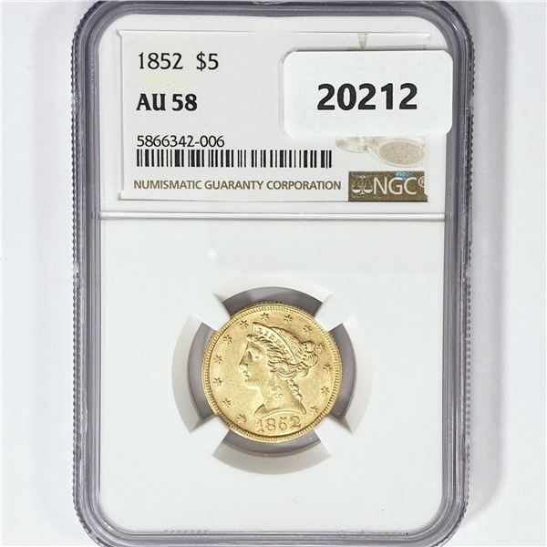 1852 $5 Gold Half Eagle NGC AU58