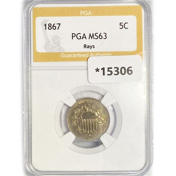 1867 Shield Nickel PGA MS63 Rays